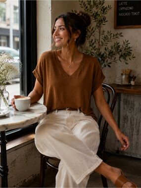 MOD REF Women’s V-Neck Relaxed Tee Camel Brown